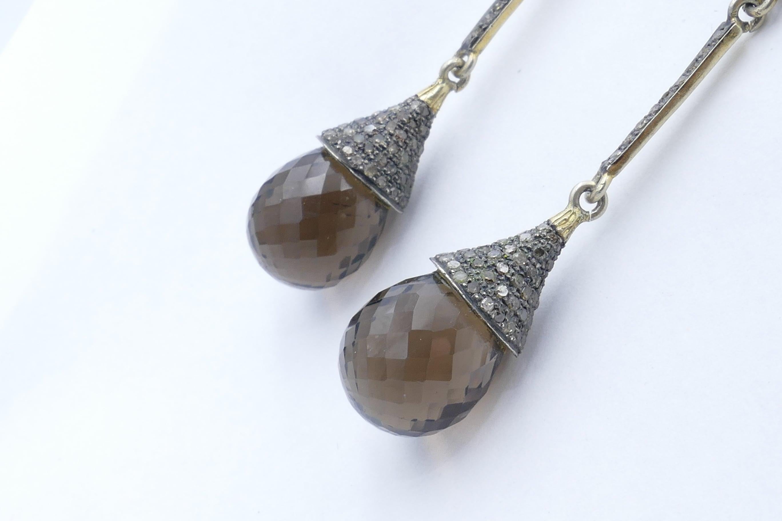 14ct Yellow Gold and Sterling Silver Diamond and Smoky Quartz Long Drop Earrings In Excellent Condition For Sale In Splitter's Creek, NSW