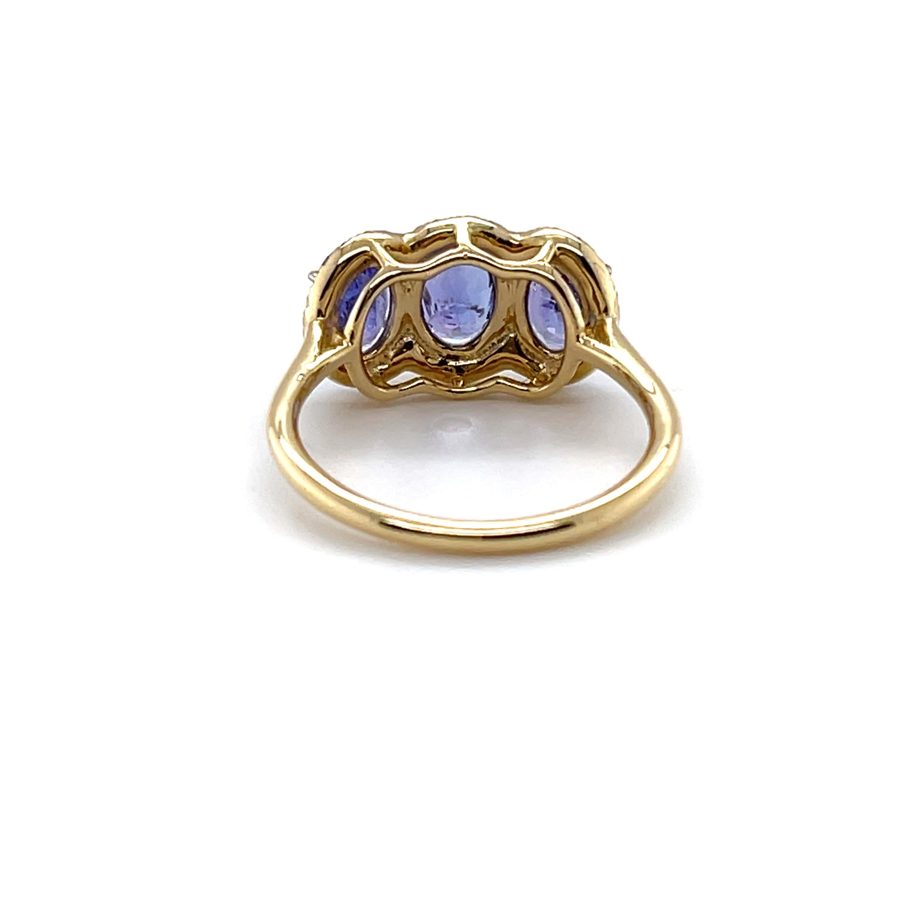 For Sale:  14ct Yellow Gold Tanzanite and Diamond Trilogy Ring 4