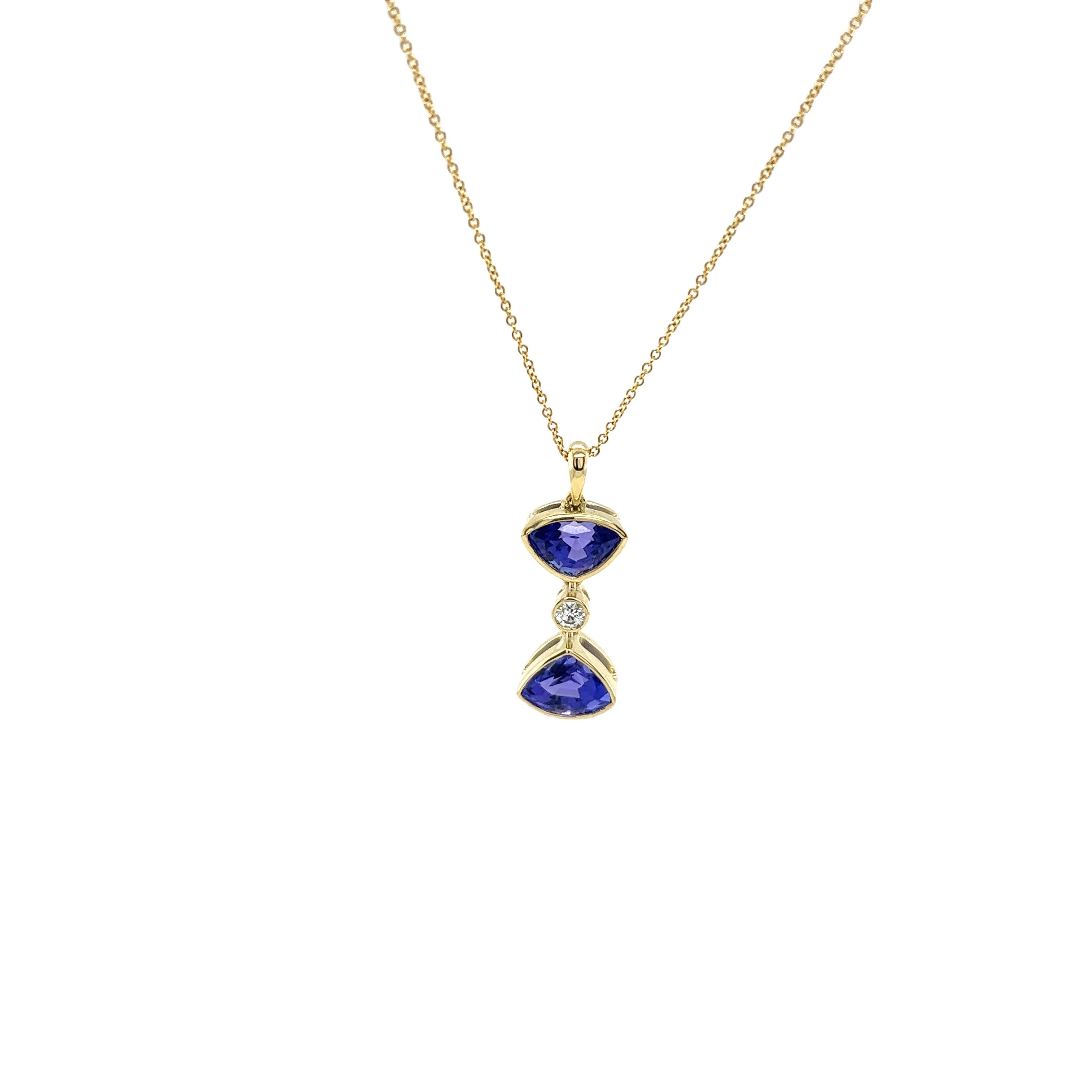 Pendentif en or jaune 14 carats, tanzanite et diamant avec chaîne en or 18 carats en vente 1