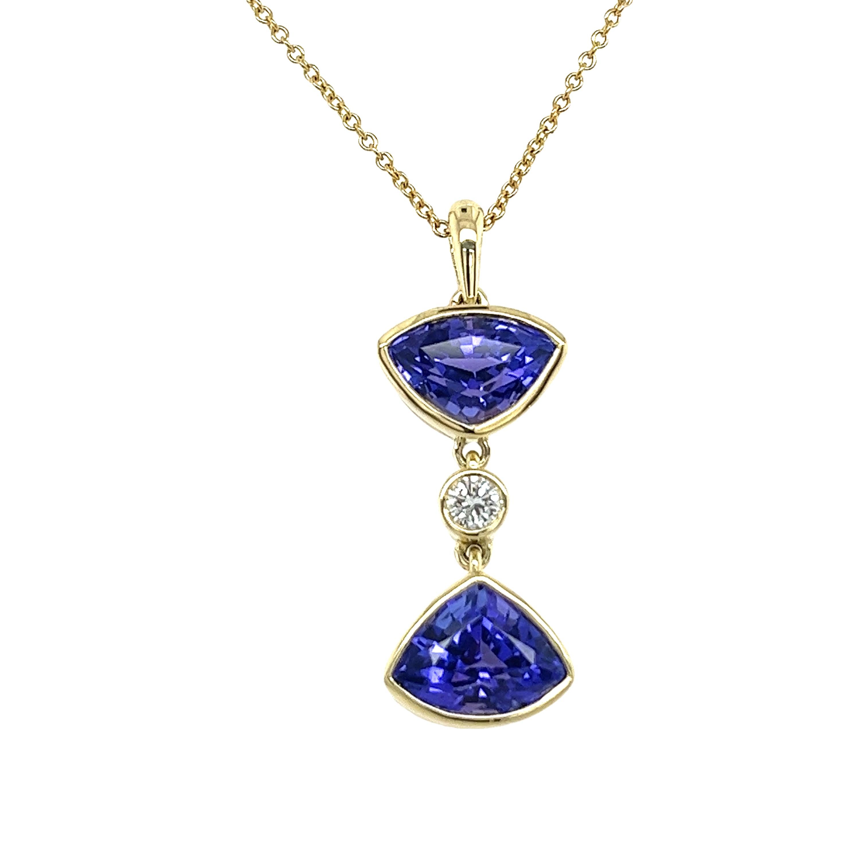 Pendentif en or jaune 14 carats, tanzanite et diamant avec chaîne en or 18 carats en vente 3