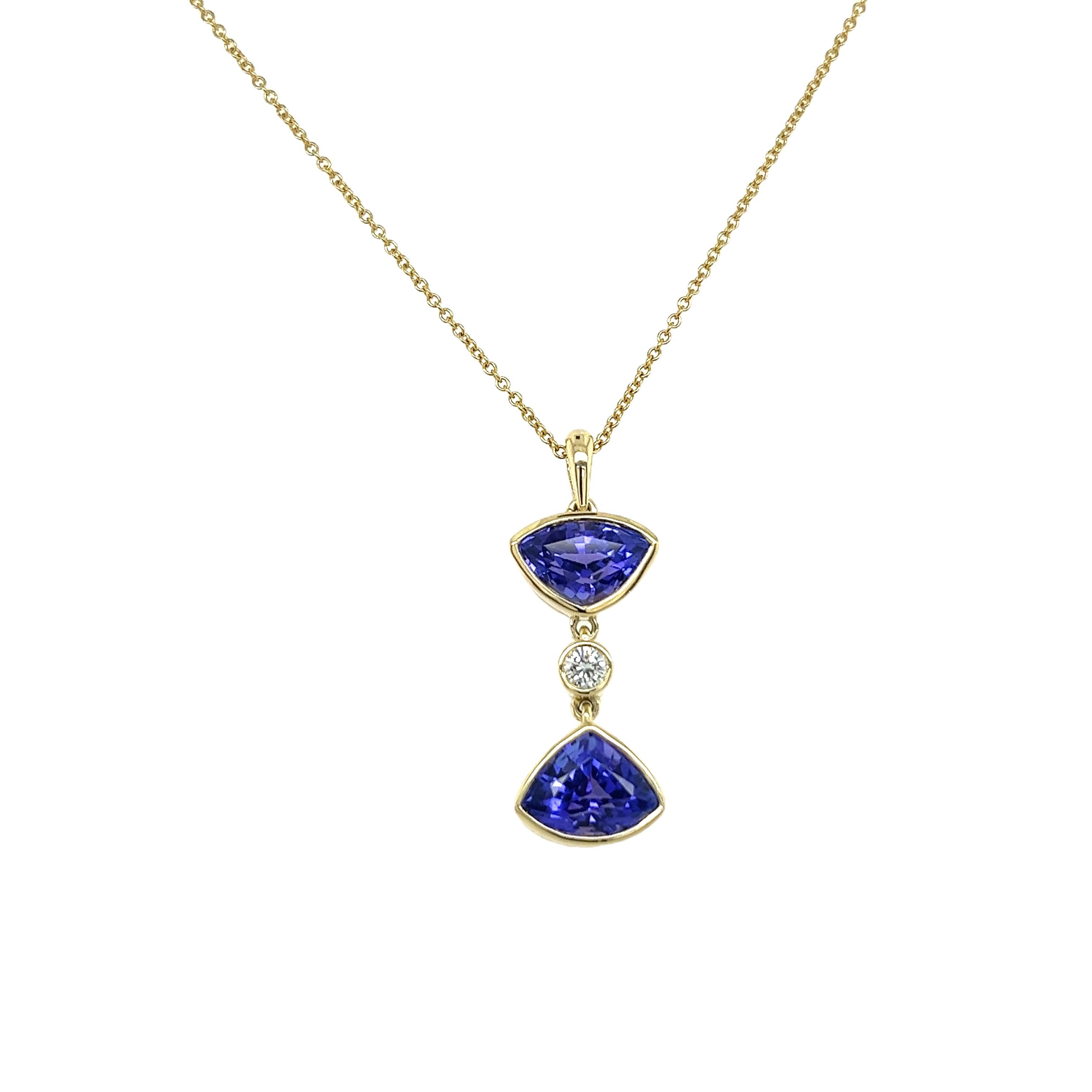 Pendentif en or jaune 14 carats, tanzanite et diamant avec chaîne en or 18 carats en vente 4