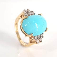 14 Carat Yellow Gold Turquoise Cabochon and Diamond Ring
