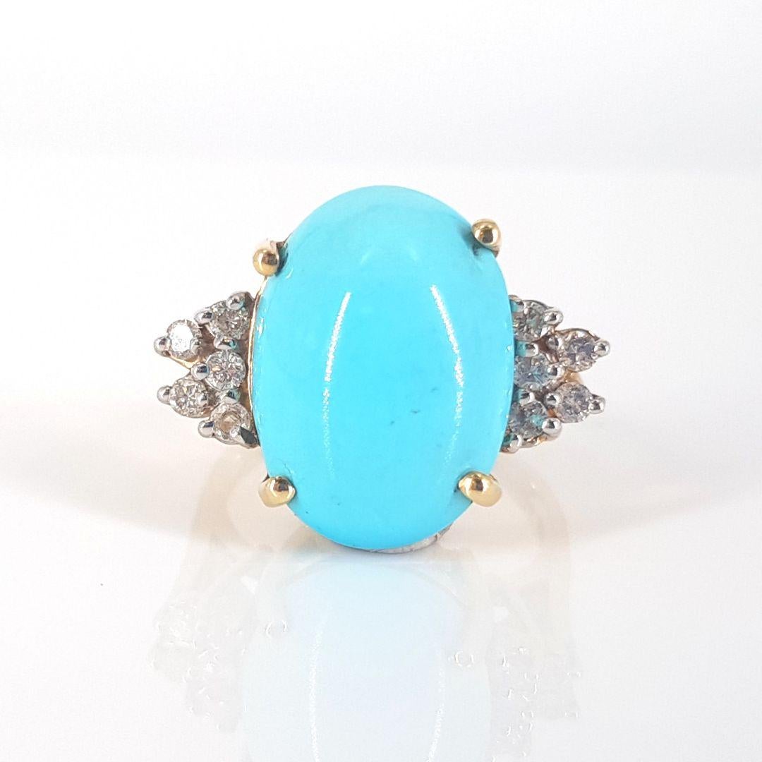 Oval Cut 14 Carat Yellow Gold Turquoise Cabochon and Diamond Ring For Sale