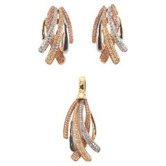 14ct Yellow, Rose & White Gold Diamond Pave 6 Liner Pendant & Earrings Set