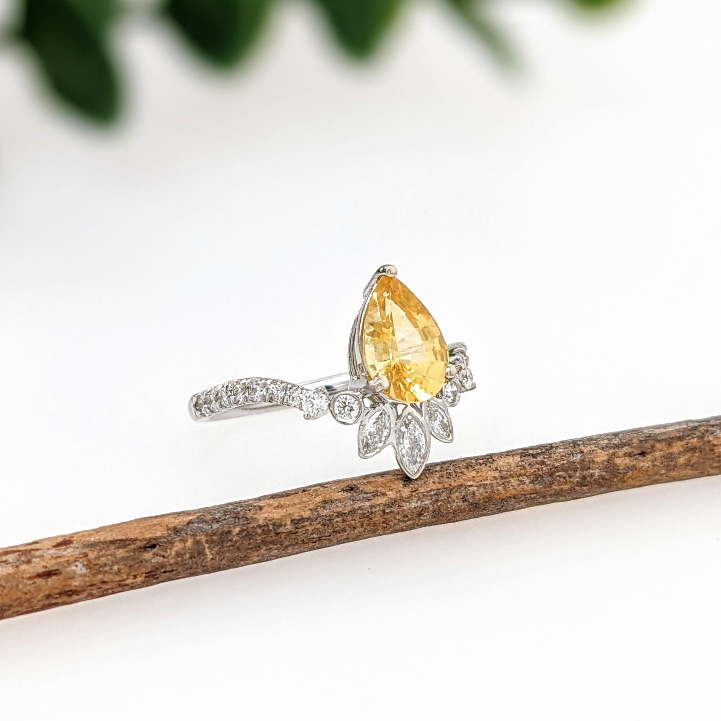 1.4ct Yellow Sapphire Ring w Earth Mined Diamonds in Solid 14K Gold Pear 9x6mm For Sale 2