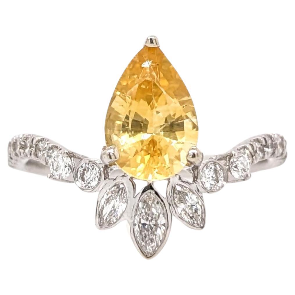 1.4ct Yellow Sapphire Ring w Earth Mined Diamonds in Solid 14K Gold Pear 9x6mm For Sale