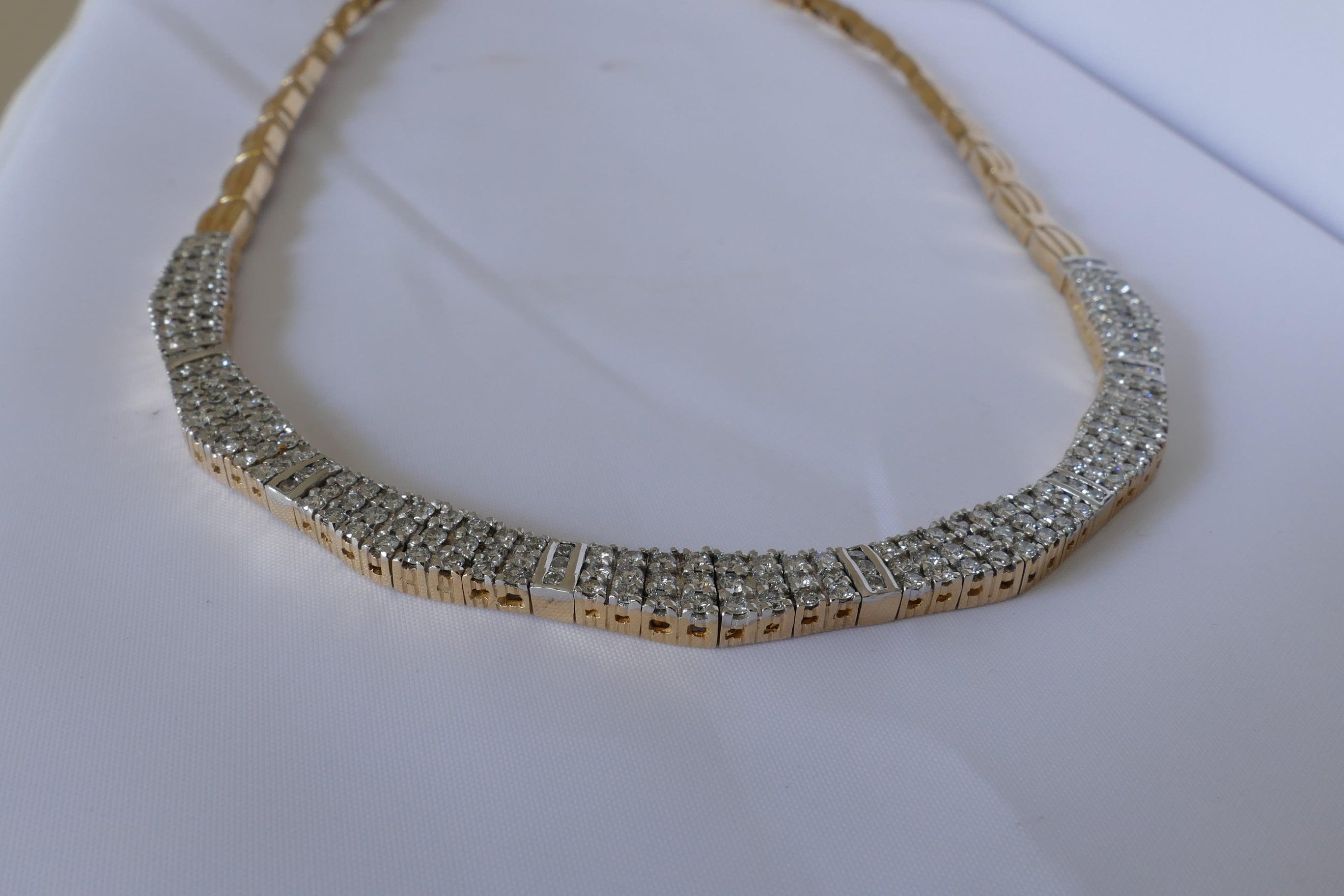 Round Cut 14 Carat Yellow and White Gold Multi High Level Diamond Necklace