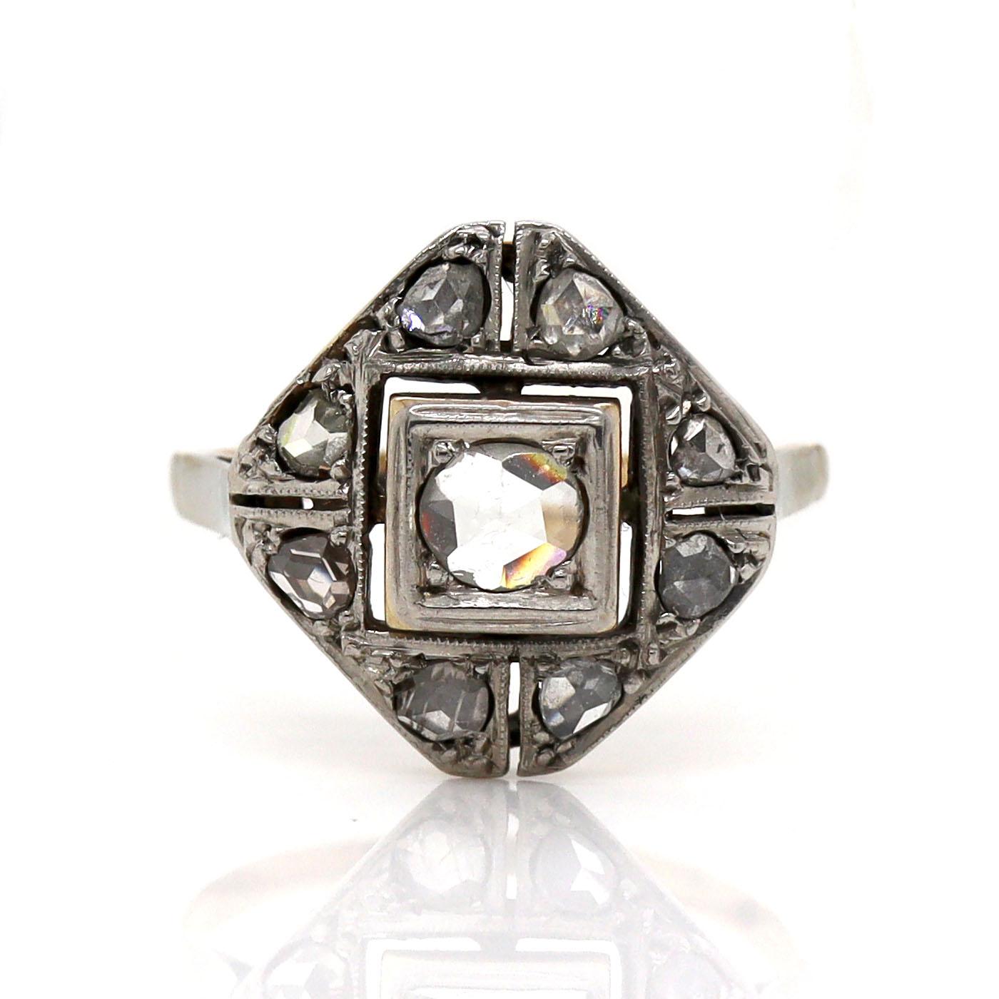 Bague en or jaune et blanc 14 carats avec diamants taille rose en vente 1