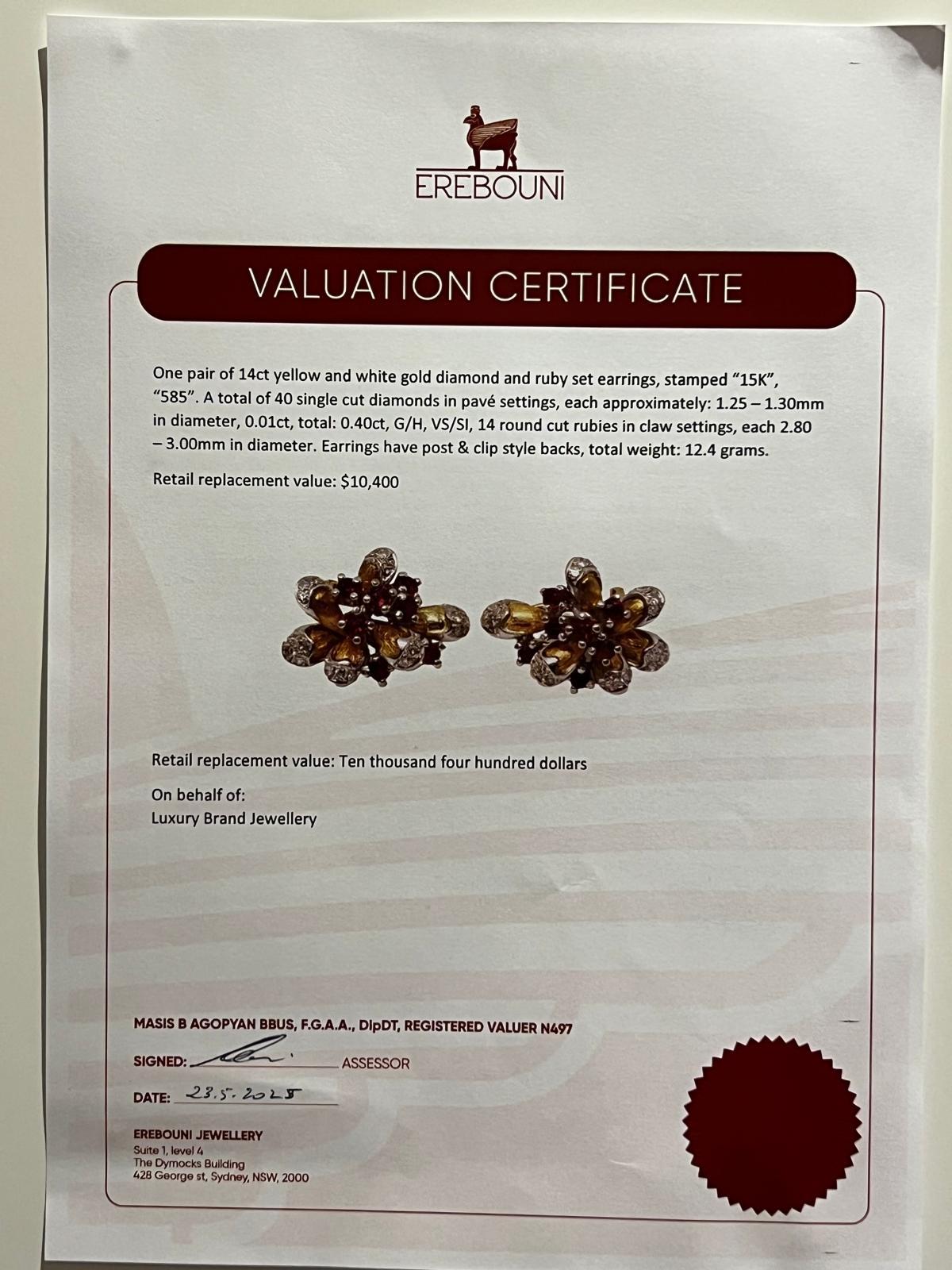 Pendientes de oro amarillo y blanco de 14 ct con rubíes y diamantes 1,80 ct - 12,4 g en venta 2