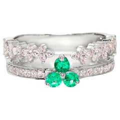 14K 0.58 ct Natural Pink Diamonds&Emerald Used Engagement Ring