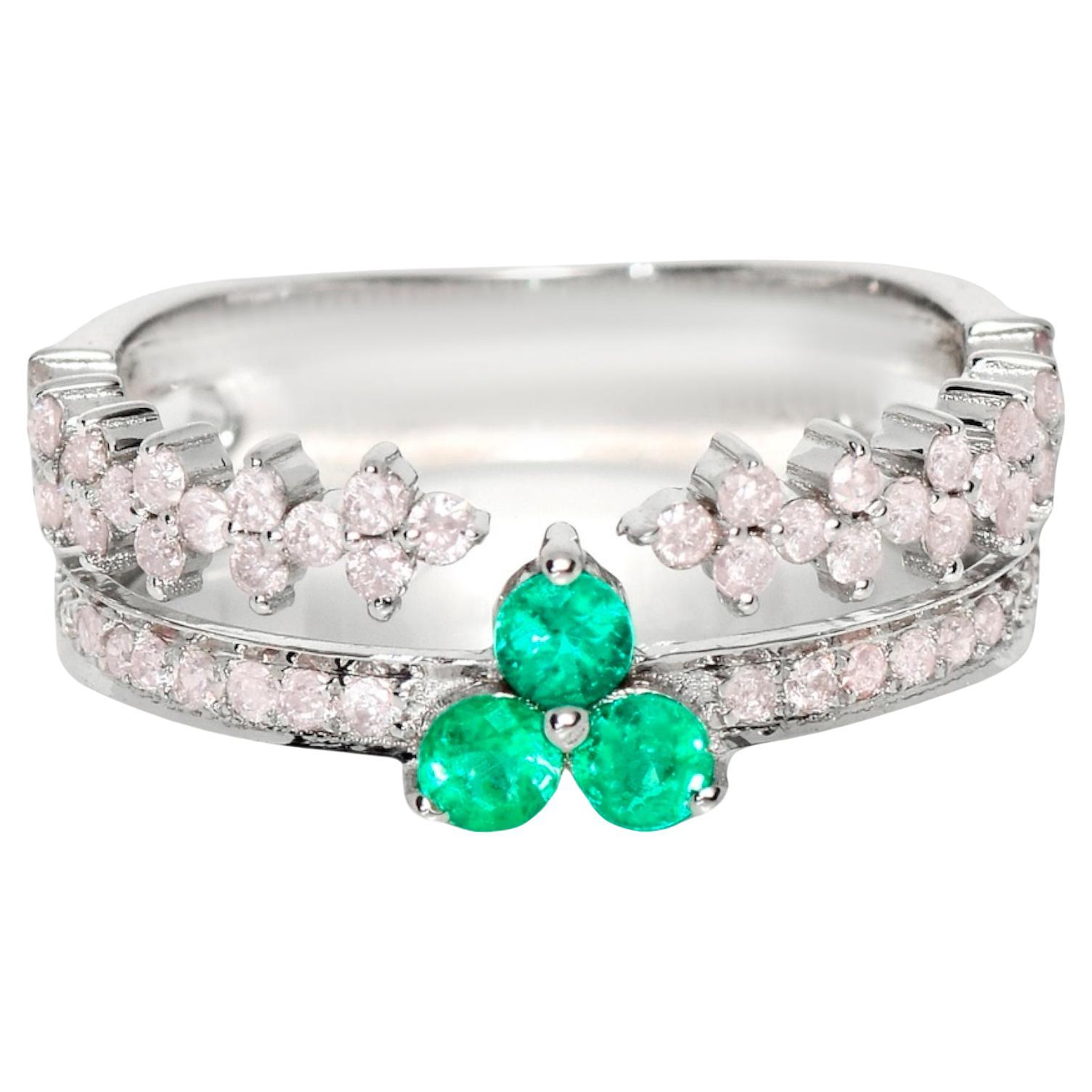 IGI 14K 0,55 ct natürliche rosa Diamanten&Emerald Vintage Verlobungsring im Angebot