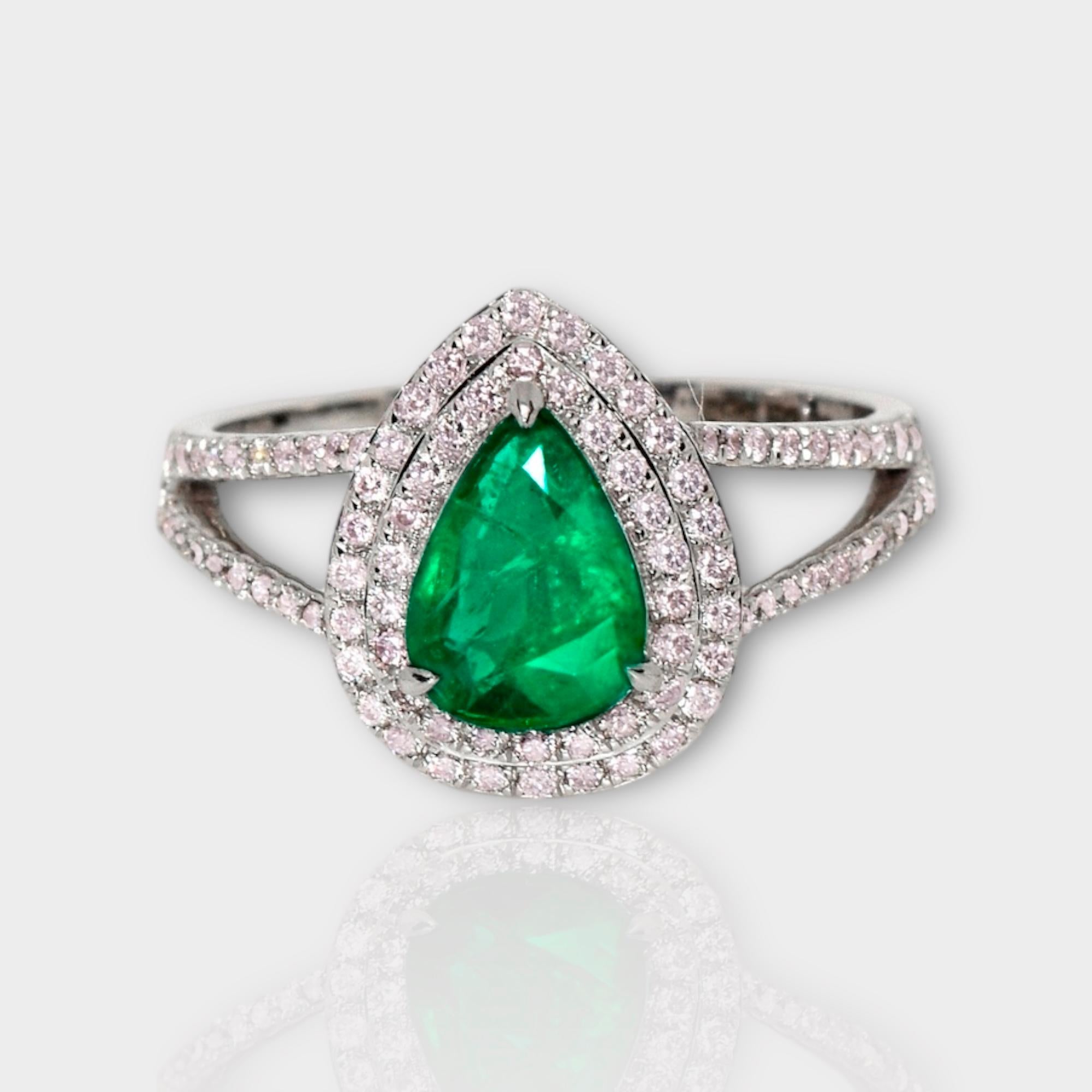*IGI 14K White Gold 0.80 ct Emerald&Pink Diamonds Antique Art Deco Style Engagement Ring** 

A natural Zambia green emerald weighing 0.80 ct is set on a 14K white gold arc deco design band with natural pink diamonds weighing 0.42 ct.

The