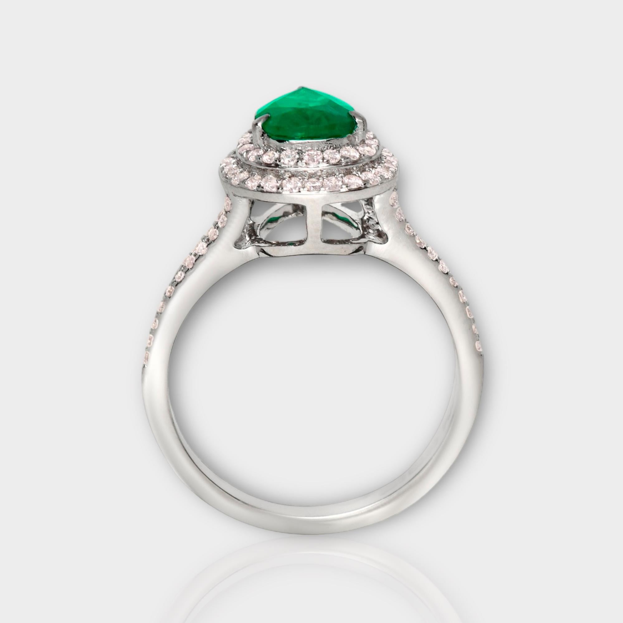 Pear Cut IGI 14k 0.80 Ct Emerald&Pink Diamonds Antique Art Deco Style Engagement Ring For Sale