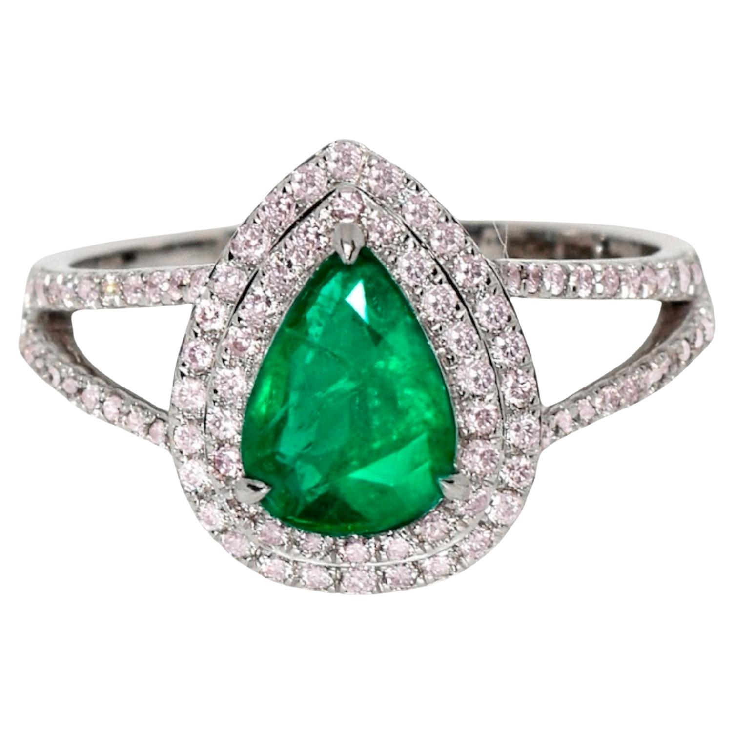 14k 0.80 Ct Emerald&Pink Diamonds Antique Art Deco Style Engagement Ring