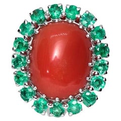 14K 10.75 Ct Coral & Emerald Antique Art Deco Style Cocktail Ring