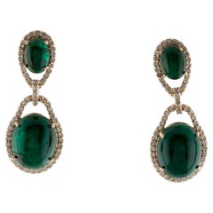 14K 10.75ctw Emerald & Diamond Drop Earrings  Oval Emerald Cabochons 1.64ct 