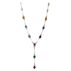 14K 10.80CT Natural Emerald Ruby Sapphire Edwardian Station Drop Necklace