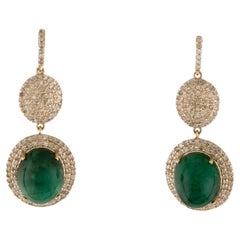 14K 10.99ctw Emerald & Diamond Drop Earrings  Cabochon Oval Emeralds  Single 