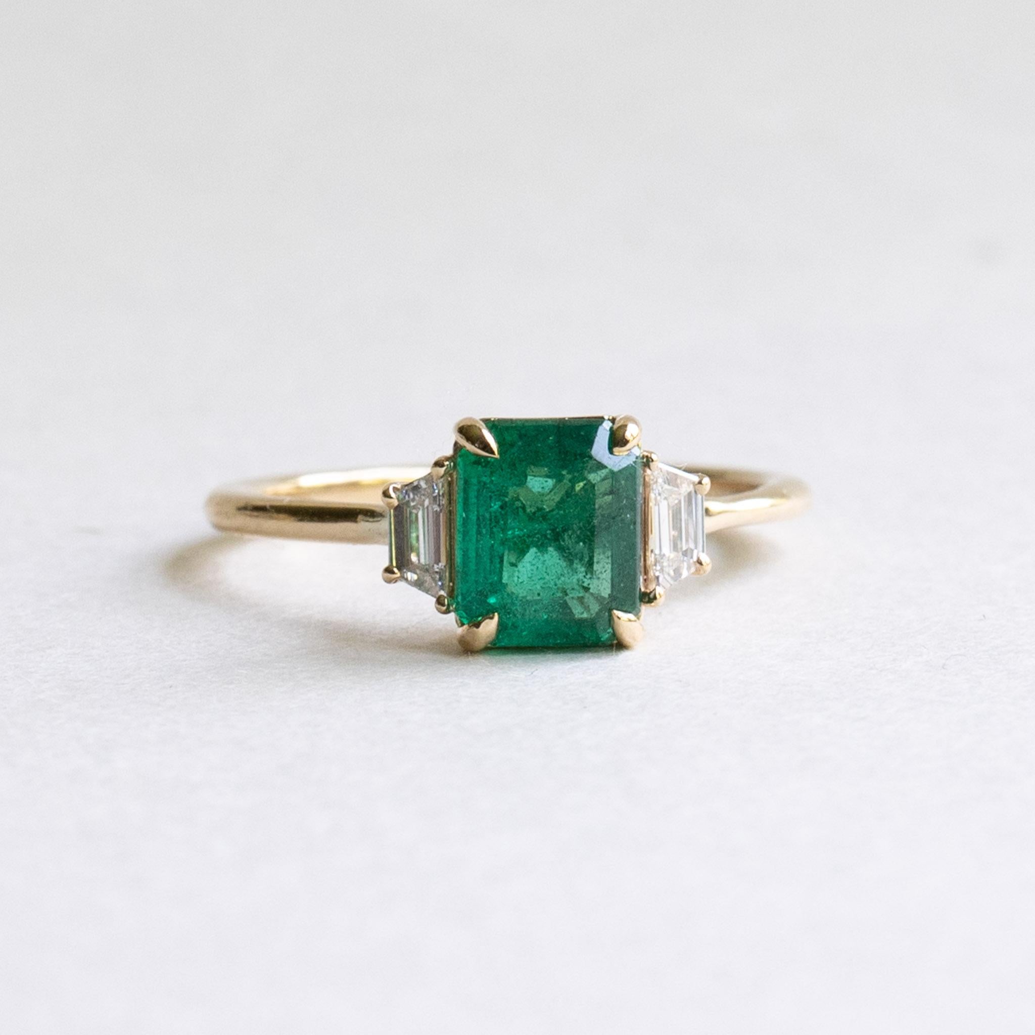 14K 1.17 CT Emerald Diamond Three Stone Ring For Sale 6