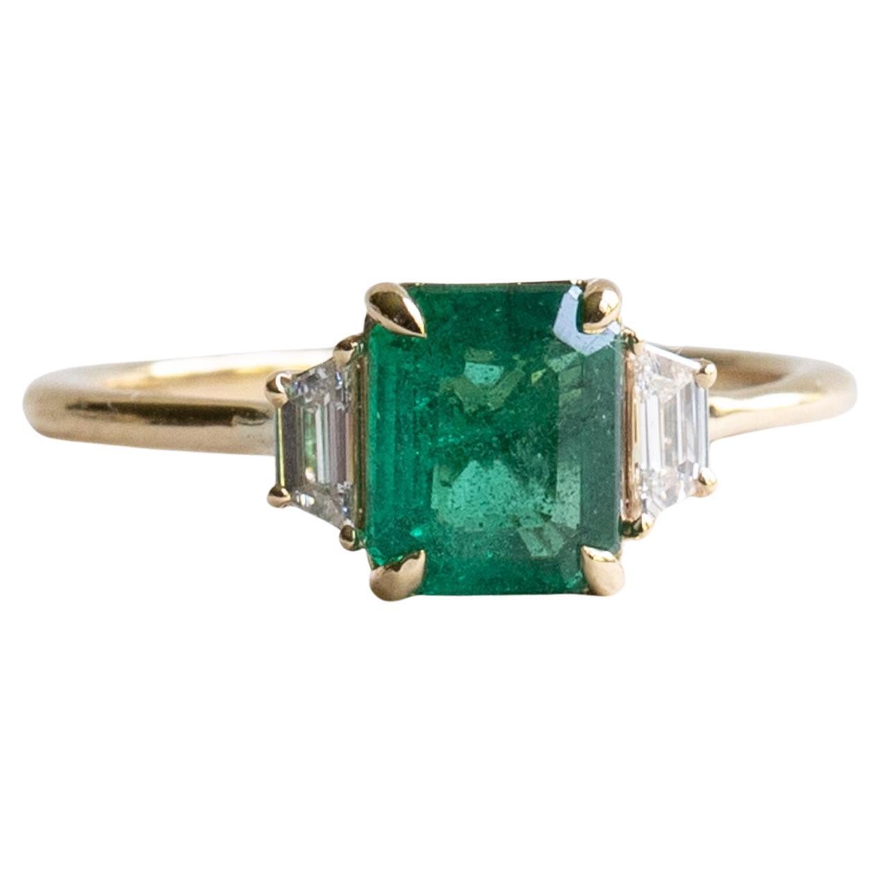 14K 1.17 CT Emerald Diamond Three Stone Ring