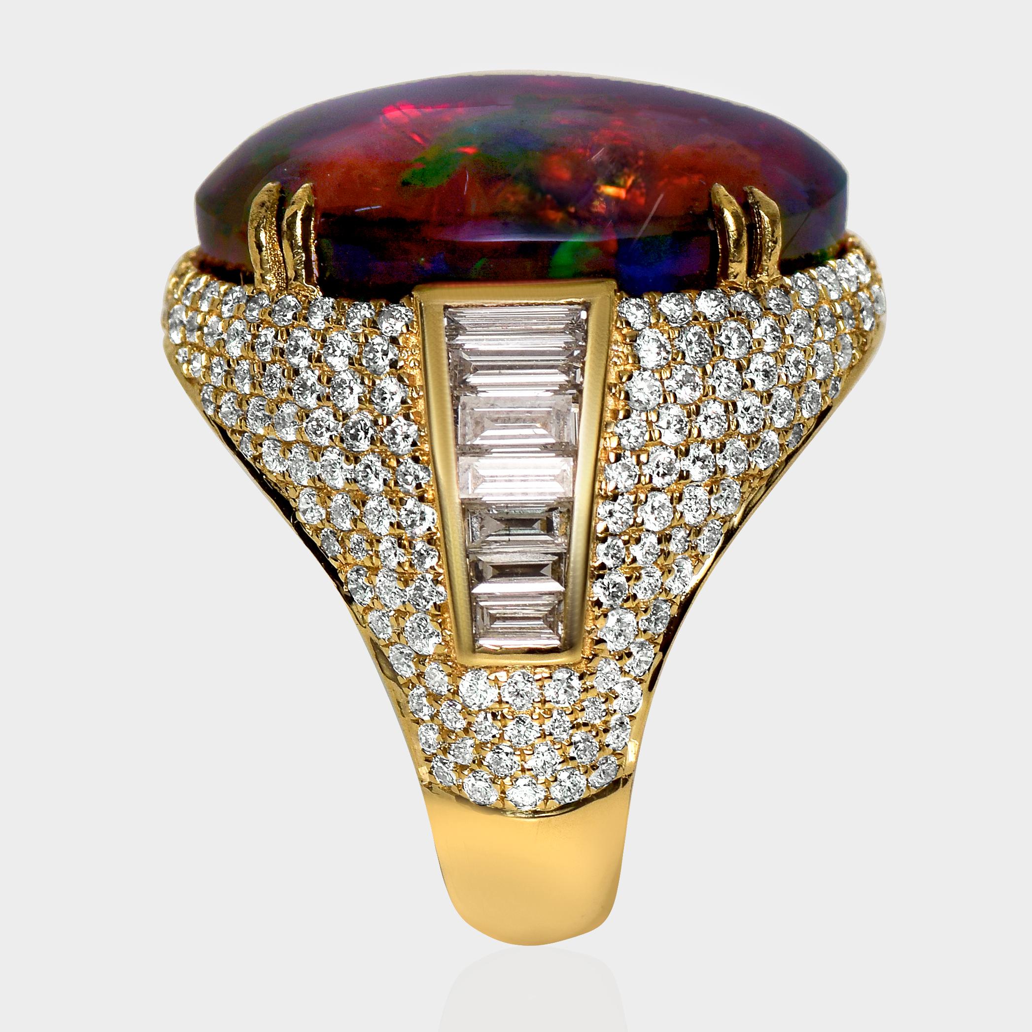 14K 11.93ct  Natürliche Farben spielender schwarzer Opal-Diamanten-Cocktailring für Damen oder Herren im Angebot