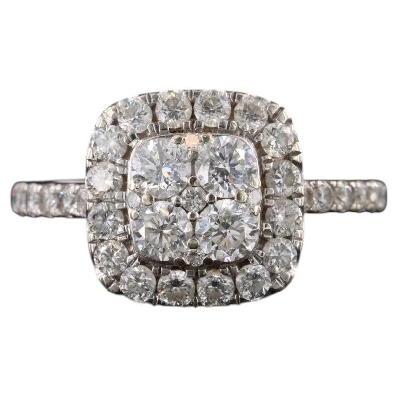 14K 1.25 CTW Diamond Cushion Halo Cluster Ring Pavé Band For Sale