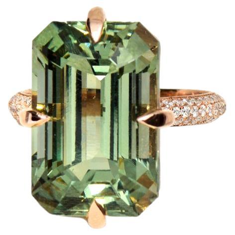 IGI 14K 12.53 Ct Prasiolite & Diamond Antique Art Deco Style Engagement Ring