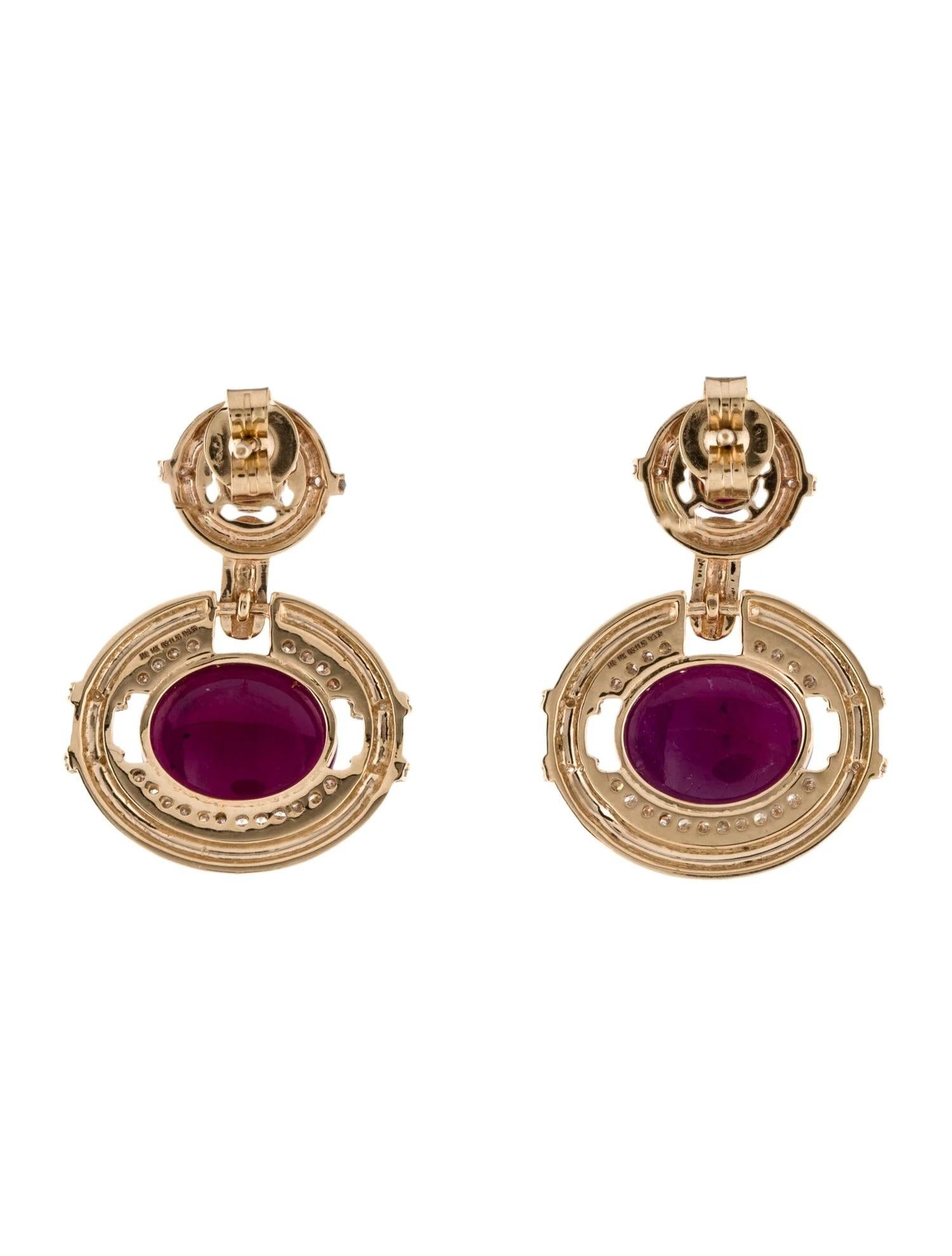Artist 14K 13.24ctw Ruby & Diamond Drop Earrings, Cabochon Cut, Red Stones, Near Colorl For Sale