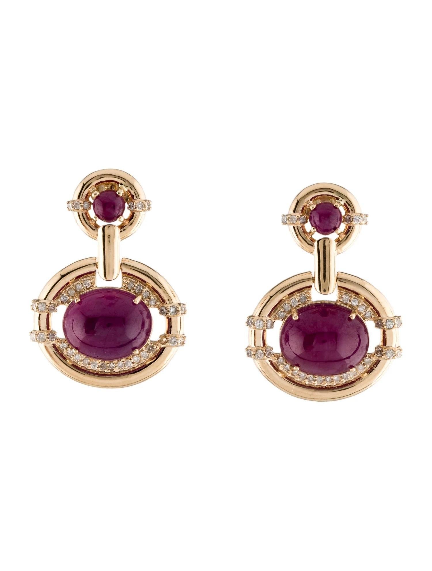 Round Cut 14K 13.24ctw Ruby & Diamond Drop Earrings, Cabochon Cut, Red Stones, Near Colorl For Sale