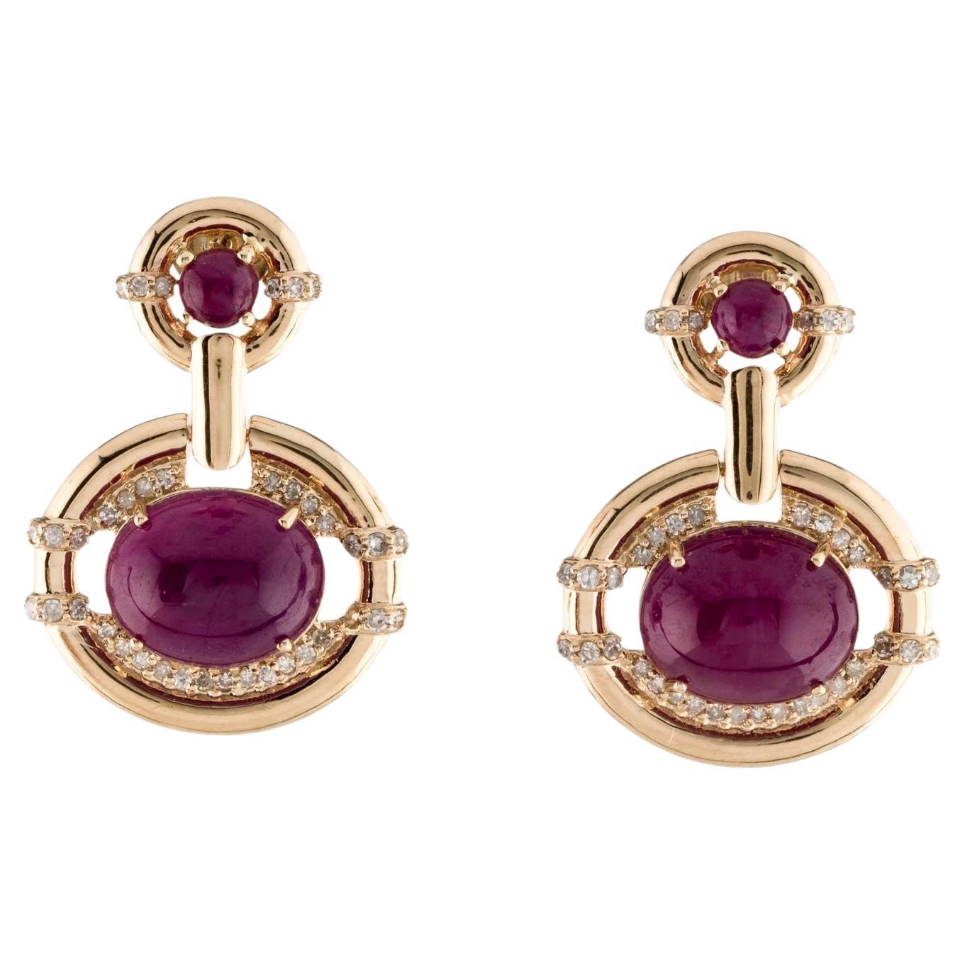 14K 13.24ctw Ruby & Diamond Drop Earrings, Cabochon Cut, Red Stones, Near Colorl For Sale
