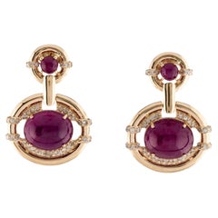 Boucles d'oreilles pendantes en or 14 carats, rubis et diamants 13,24 carats, taille cabochon, pierres rouges
