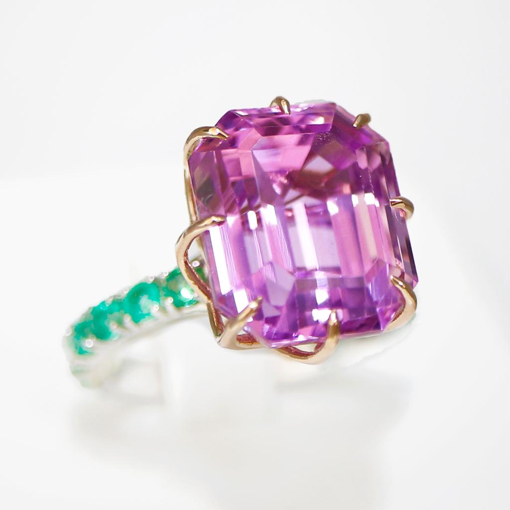 Women's IGI 14k 14.11 Ct Top Kunzite&Emeralds Antique Art Deco Style Engagement Ring