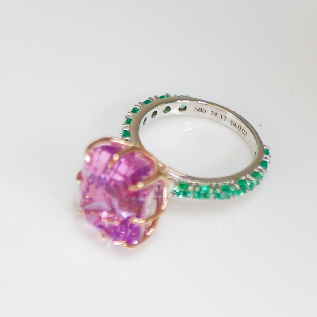 IGI 14k 14.11 Ct Top Kunzite&Emeralds Antique Art Deco Style Engagement Ring 3