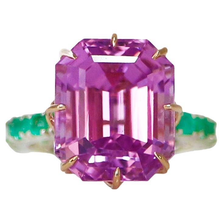IGI 14k 14.11 Ct Top Kunzite&Emeralds Antique Art Deco Style Engagement Ring