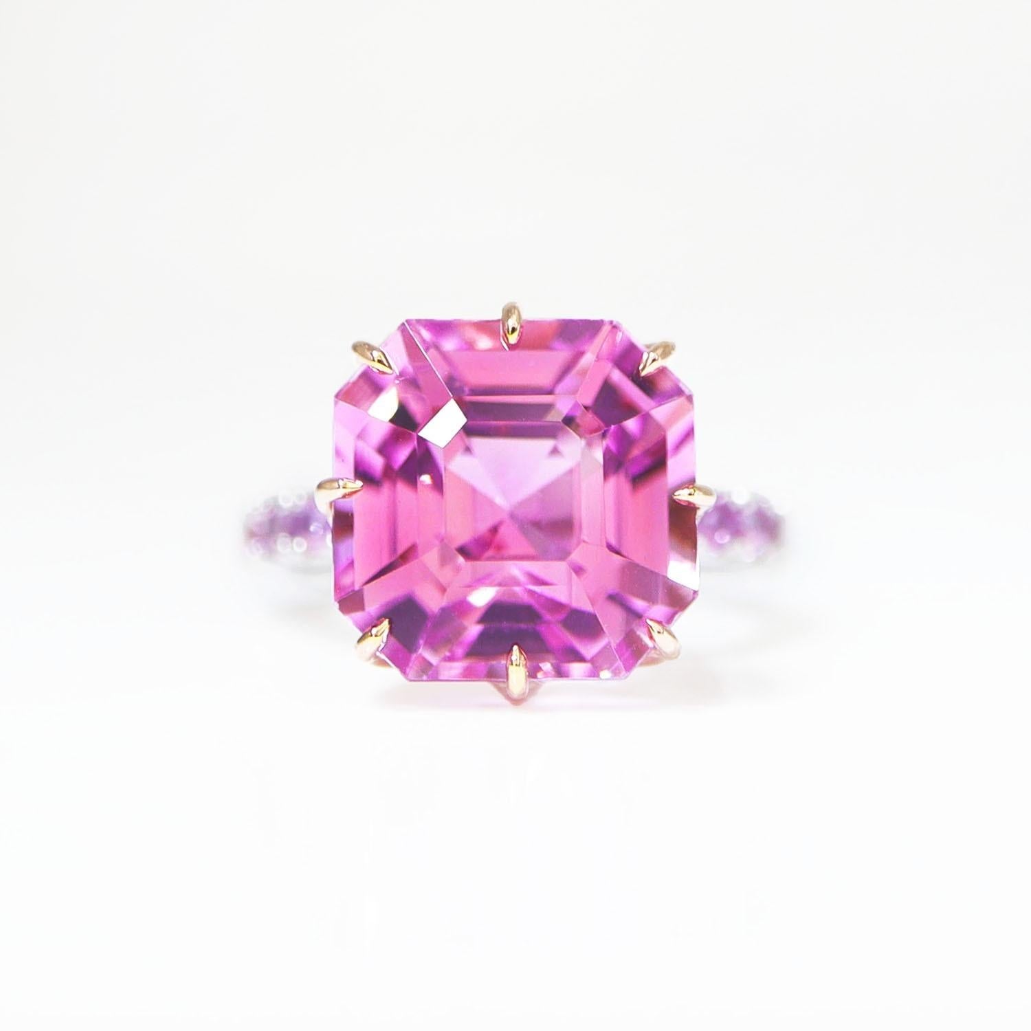 Emerald Cut IGI 14K 14.45 Ct Kunzite&Pink Sapphires Antique Art Deco Style Engagement Ring For Sale