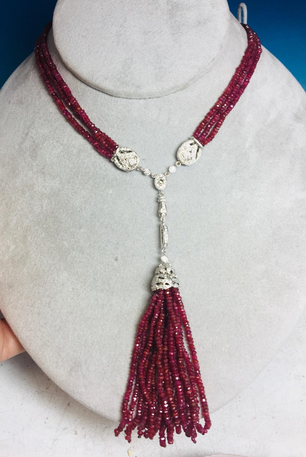14K 163 Carats Genuine Ruby Bead Necklace For Sale 3