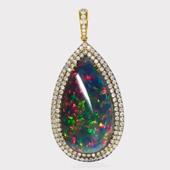 14K 18.78 ct  Natural Color Play Black Opal Diamonds Pendant Necklace