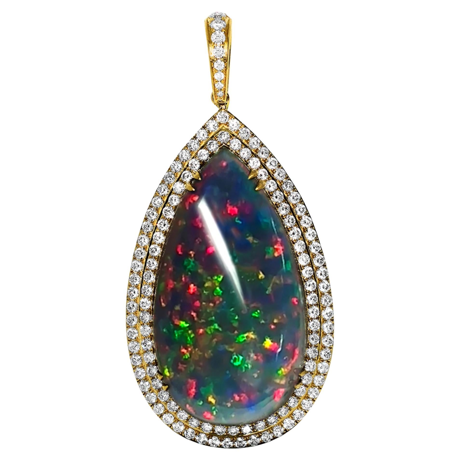 14K 18.78 ct  Natural Color Play Black Opal Diamonds Pendant Necklace