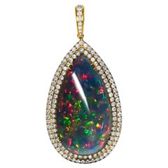 14K 18.78 ct  Natural Color Play Black Opal Diamonds Pendant Necklace