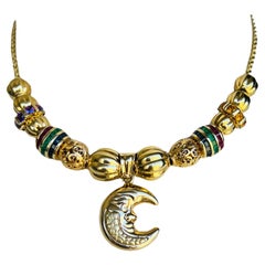 Collier ras du cou breloque de pierres précieuses 14k et 18k rubis, émeraude, saphir et lune