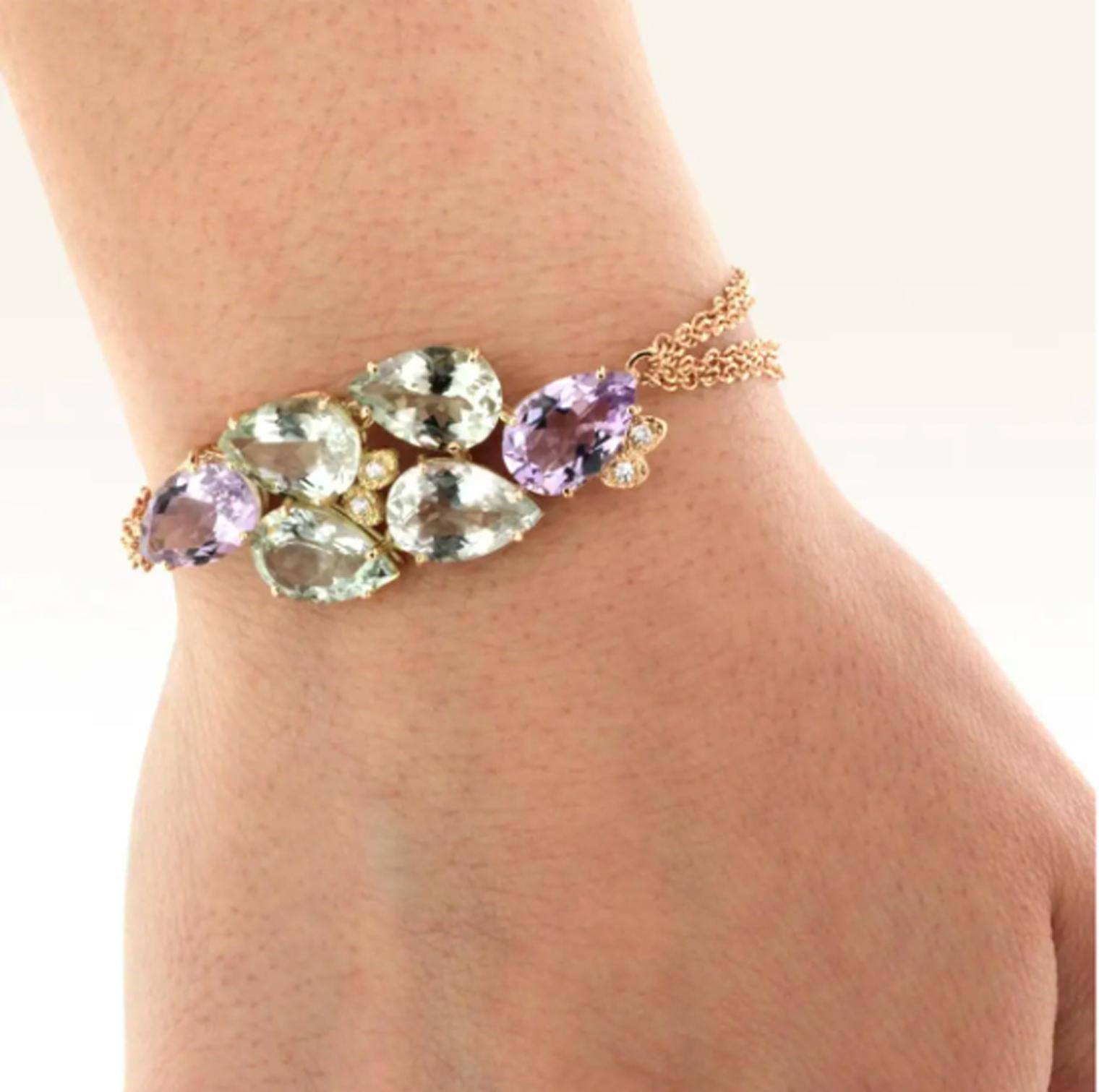 Modern 14k 18k Rose Gold with Prasiolite Amethyst White Diamonds Bracelet For Sale