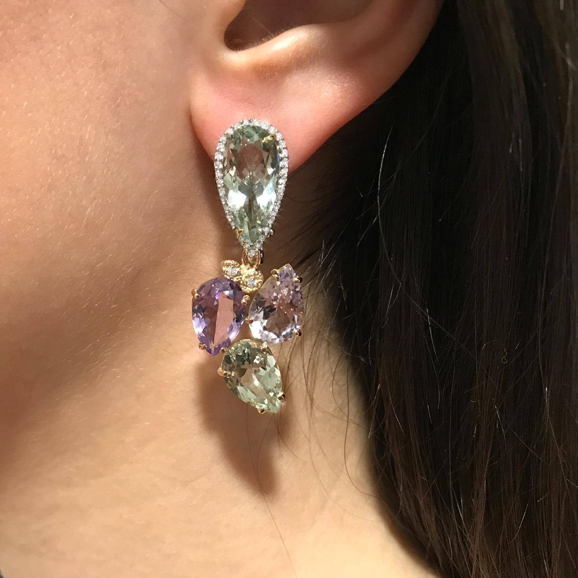 Moderne Boucles d'oreilles modernes élégantes en or rose blanc 14k 18k avec prasiolite et diamant blanc en vente