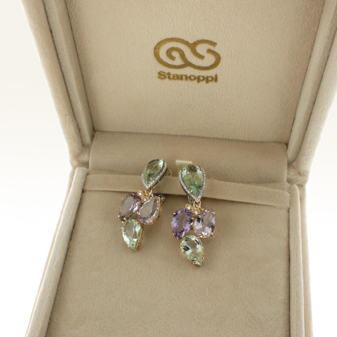 Women's or Men's 14k 18k White Rose Gold with Prasiolite White Diamond Elegant Modern Earrings For Sale