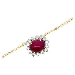 14K & 18K Yellow Gold Oval Cabochon Natural Ruby & Diamond Necklace