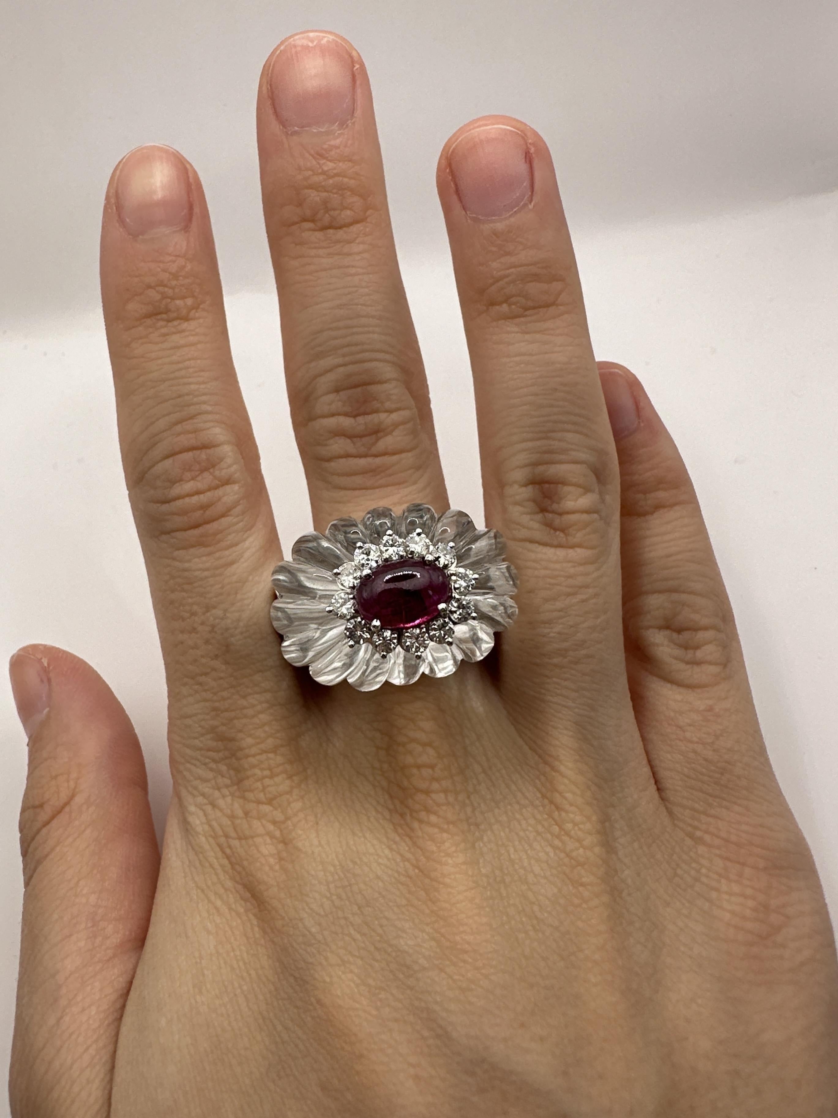 14k 1960's Rock Crystal Diamond and Ruby Ring For Sale 2