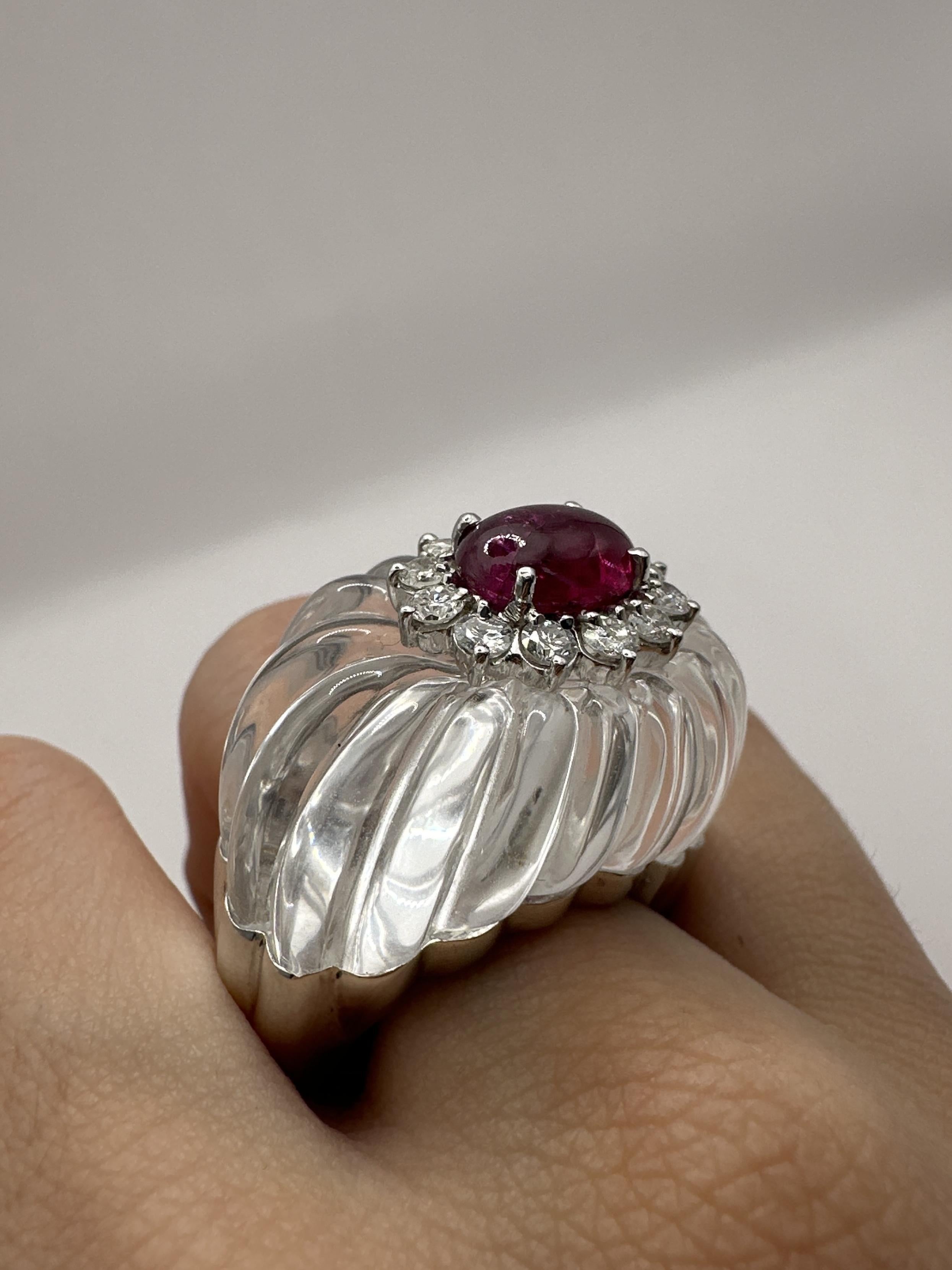 14k 1960's Rock Crystal Diamond and Ruby Ring For Sale 3