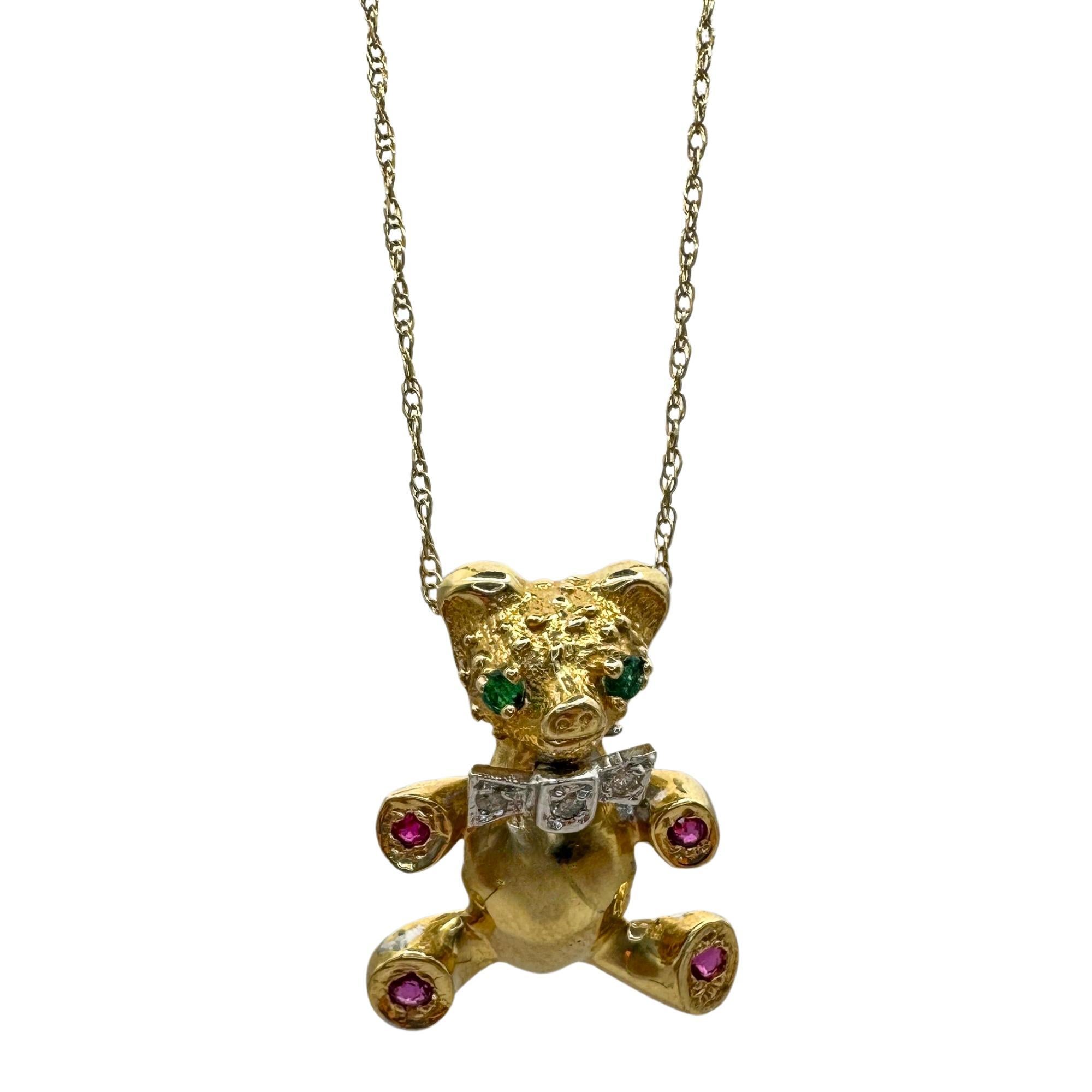 Round Cut 14k 1980's Diamond, Emerald and Ruby Teddy Bear Pendant with Chain For Sale