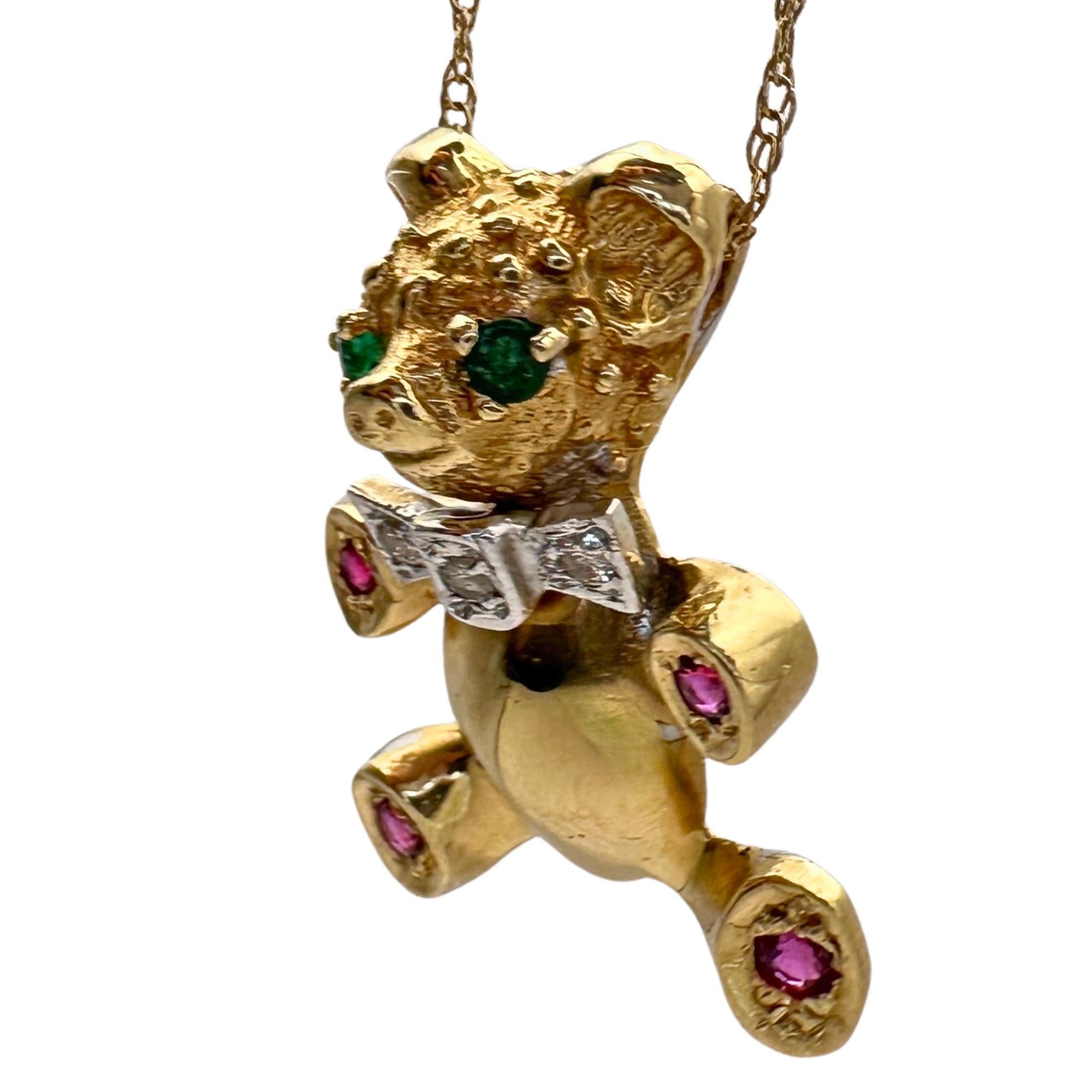 Women's 14k 1980's Diamond, Emerald and Ruby Teddy Bear Pendant with Chain For Sale