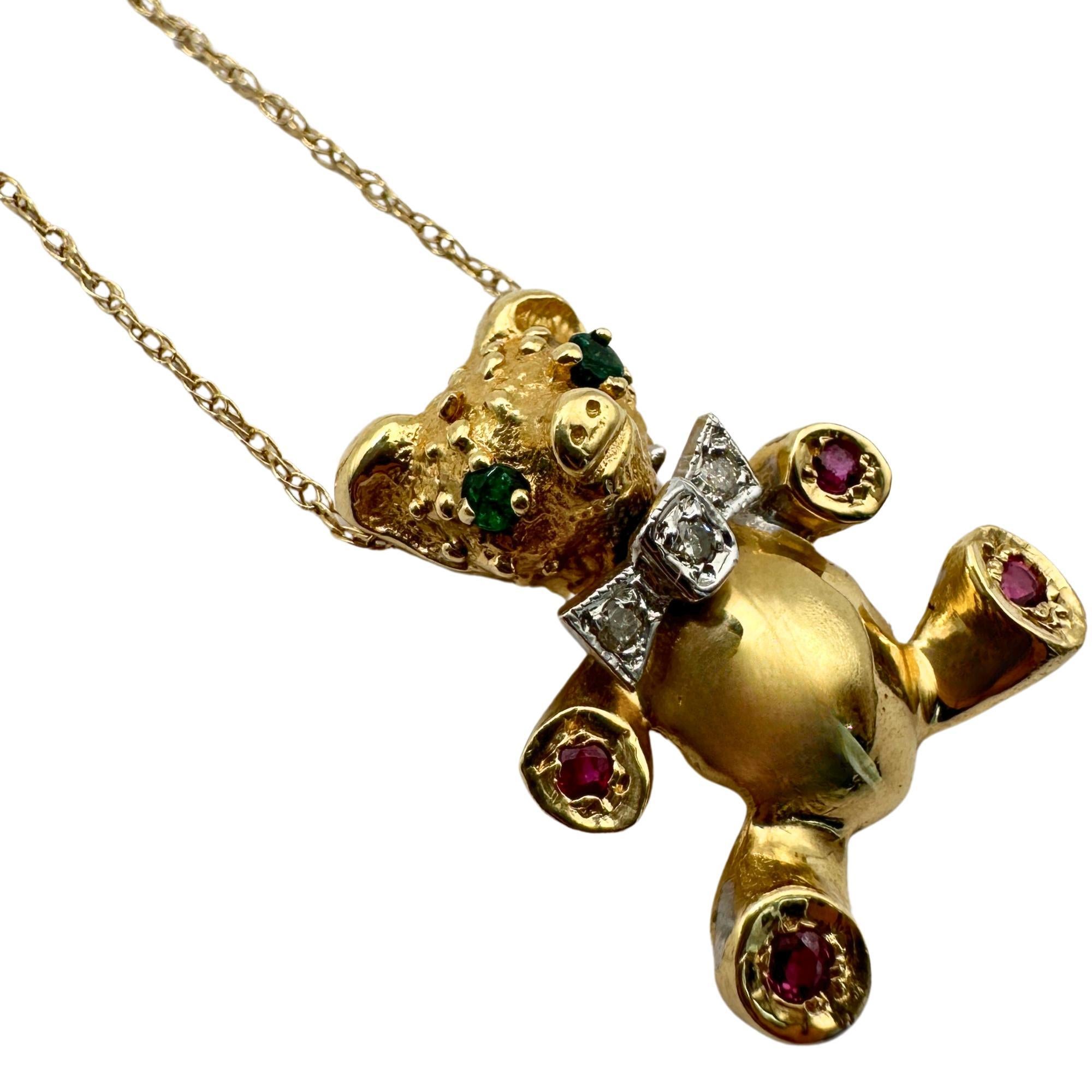 14k 1980's Diamond, Emerald and Ruby Teddy Bear Pendant with Chain For Sale 1