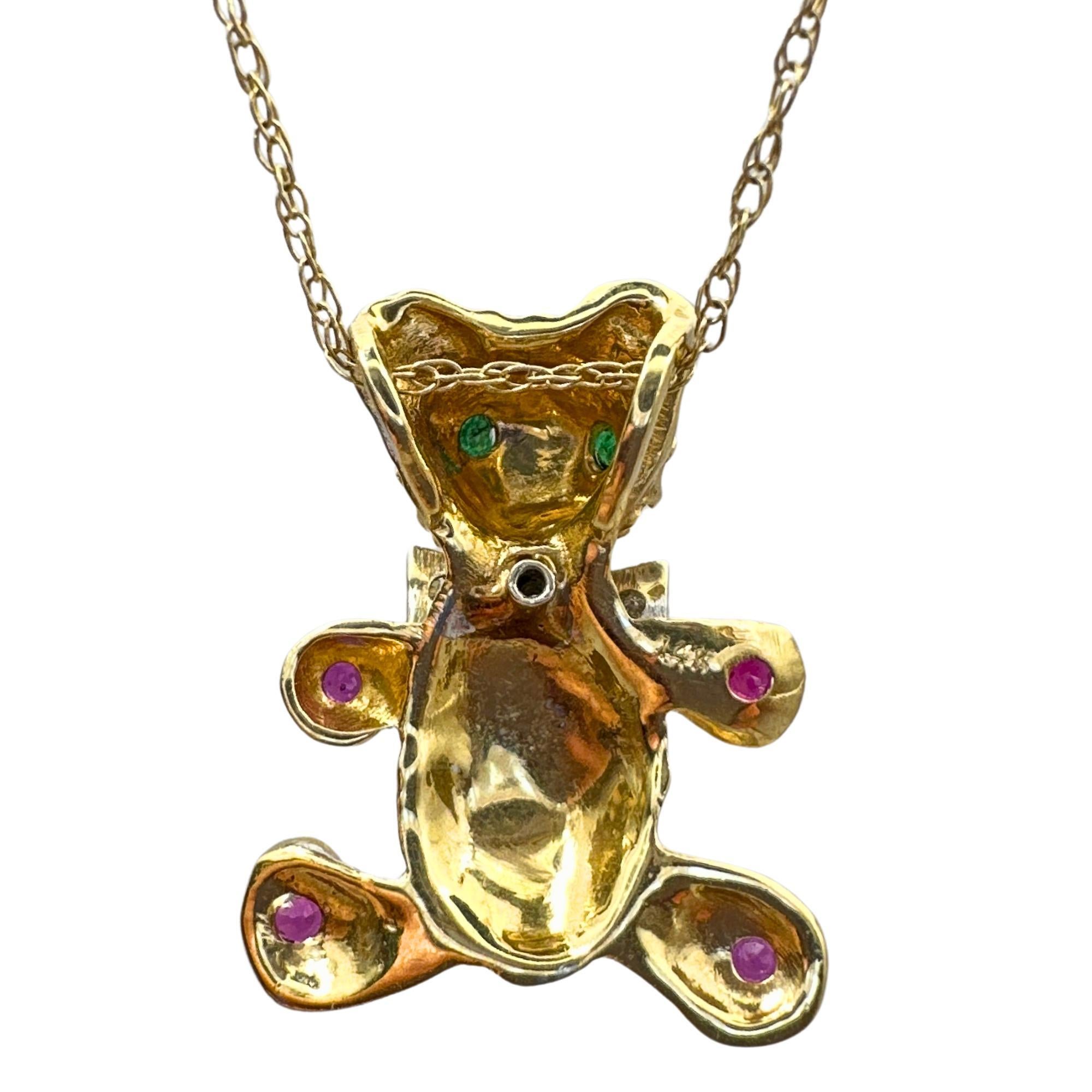14k 1980's Diamond, Emerald and Ruby Teddy Bear Pendant with Chain For Sale 2
